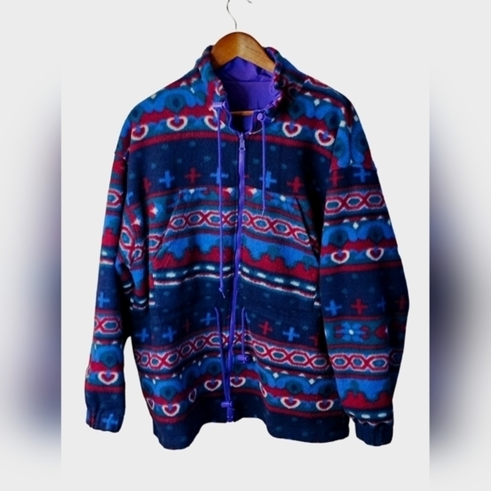 British Mist Reversible Aztec Print Windbreaker Fleece Jacket Sz L Vintage 80s. - Picture 2 of 12